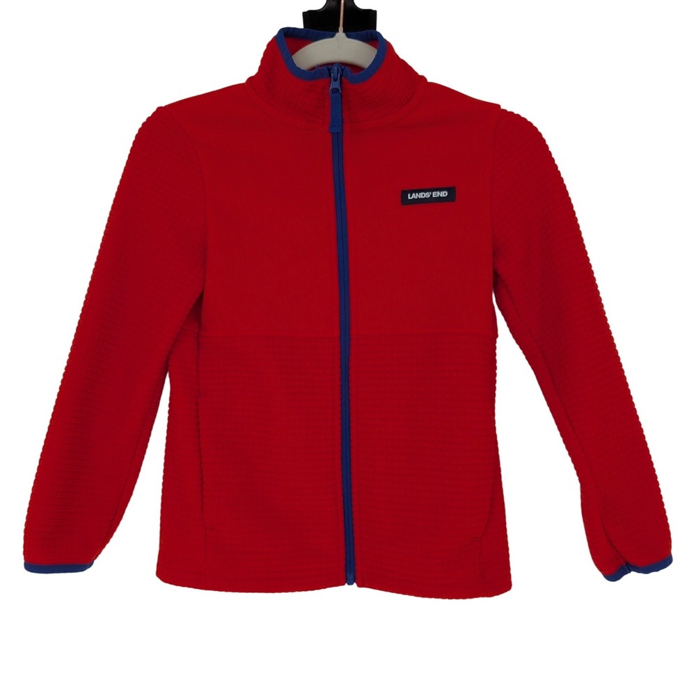 Lands End Grid Fleece Jacket Kids M 8 Red Full Zip Waffle Knit Mock Neck Outdoor